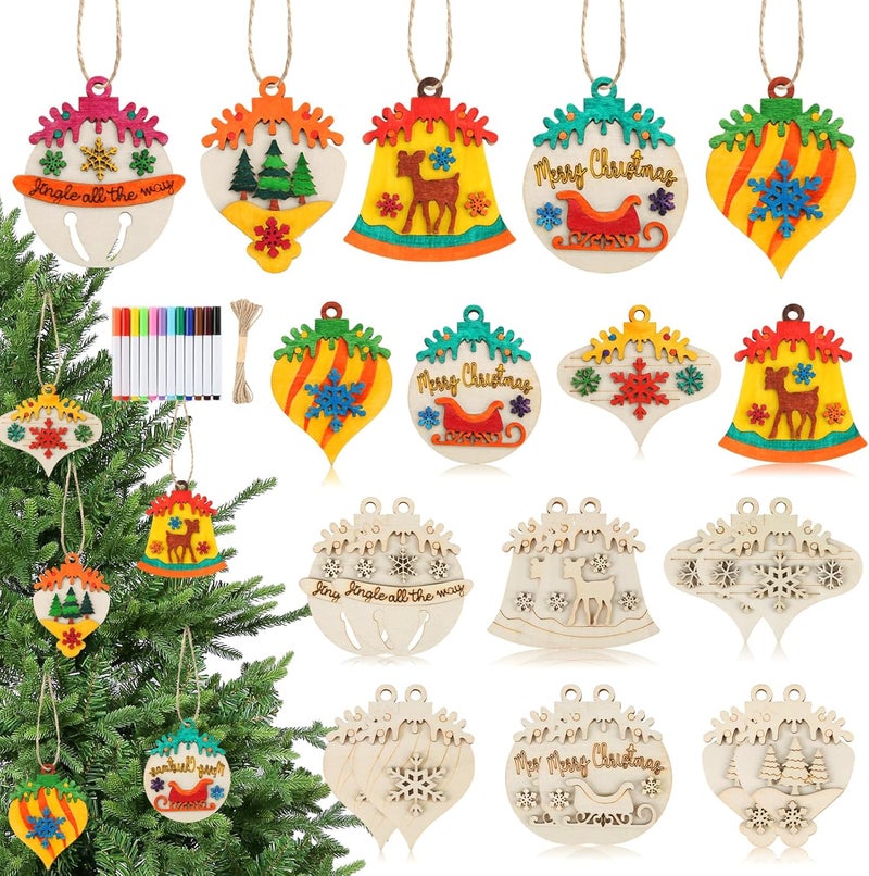 Worgree 12 Pcs DIY Wooden Christmas Ornaments, Christmas Crafts for Kids Ages 4-8 8-12 Art Craft Supplies Painting Kit for Boys Girls Stocking Stuffers Party Favors Gifts Hanging Xmas Holiday Home Decor - Image 1